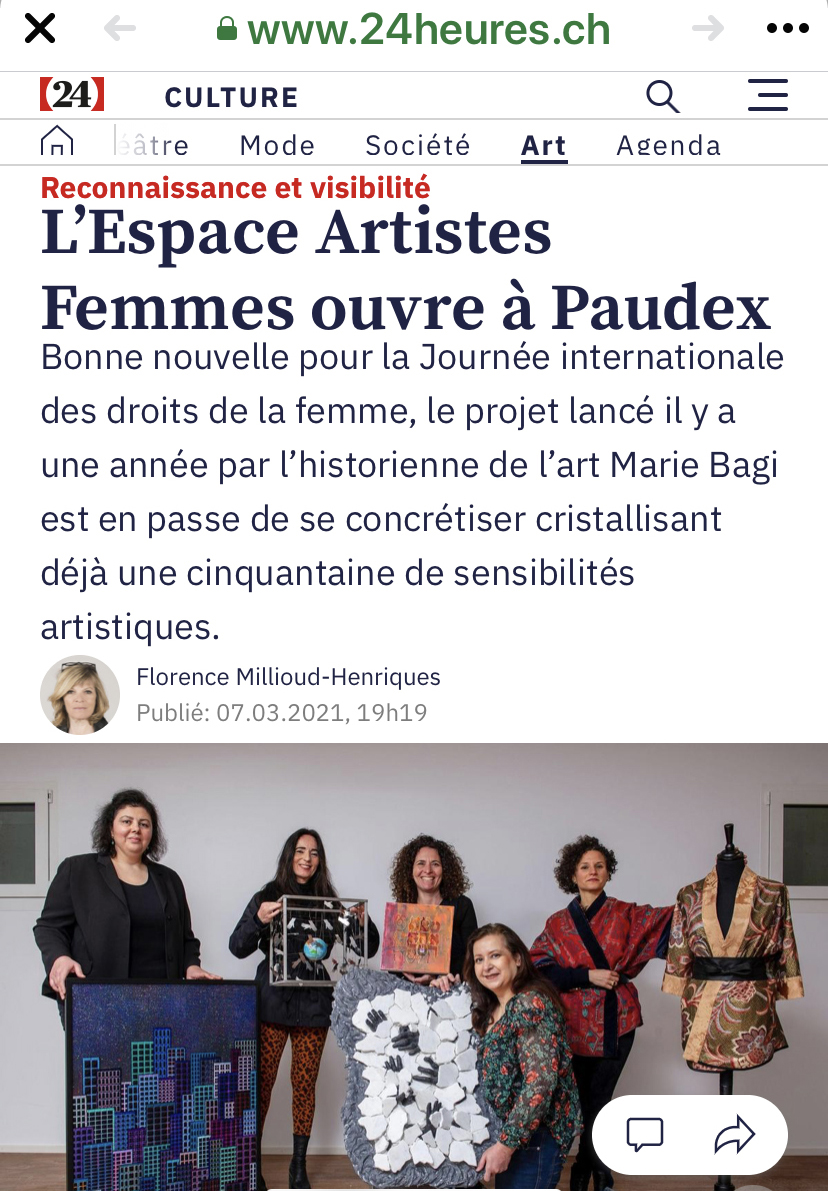  24 heures newspaper 2021: IZA - Isabelle Ardevol partcipates in the opening of  EAF (Espace artistes femmes) dedicated to women artists in Switzerland