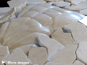 IZA, Isabelle Ardevol, woman contemporary artist, sculptress, art, In Andalusian lands represents a male torso emerging from white marble blocks but also the effects of global warming to our humanity, 2020