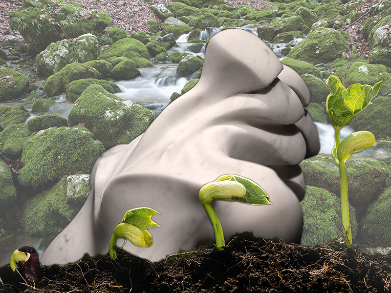 IZA, Isabelle Ardevol, femme artiste contemporain, sculpteure, sculptrice, art Bien Etrange sirene, serie En Terres chaotiques,  marbre blanc de carrare et granit recycle, 2022