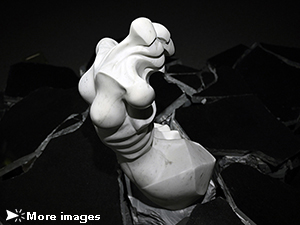 IZA, Isabelle Ardevol, woman contemporary artist, sculptress, art, So strange Mermaid sculpture. Represents a woman emerging from destructurized granite blocks- White Carrara marble and absolute black Granite -2022